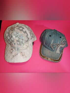 Embellished Lace Baseball Caps - Beaded Floral & Rhinestone Bow